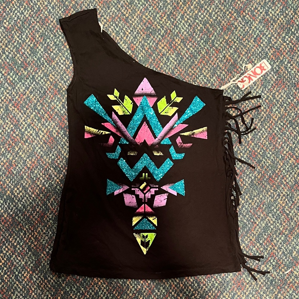 NWT BONGO Black One Shoulder Tank Top with Vibrant Geometric Pattern Glittery